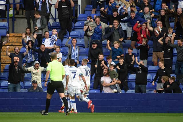 Tranmere players celebrate their goal during the Sky Bet League 2 match between Tranmere Rovers and Hartlepool United at Prenton Park, Birkenhead on Saturday 4th September 2021. (Credit: Ian Charles | MI News)