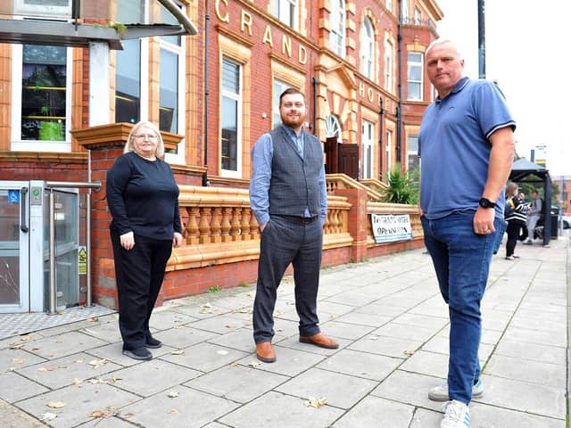 Left to right: Irene Southern (Head Housekeeper), Nathan Longthorne (General Manager) and Brian Keane CEO Otway Capital outside of The Grand Hotel. Picture by FRANK REID