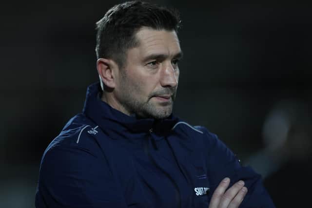 Graeme Lee reacts to Hartlepool United's come from behind win over Barrow at the Suit Direct Stadium. (Credit: Mark Fletcher | MI News)