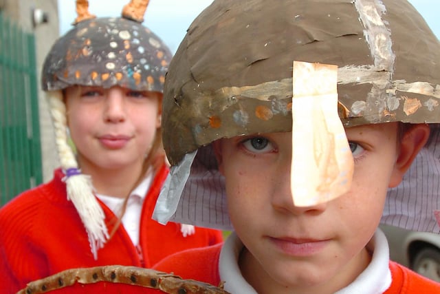 A 2006 scene from Hutton Henry Primary School where children were making Viking hats.