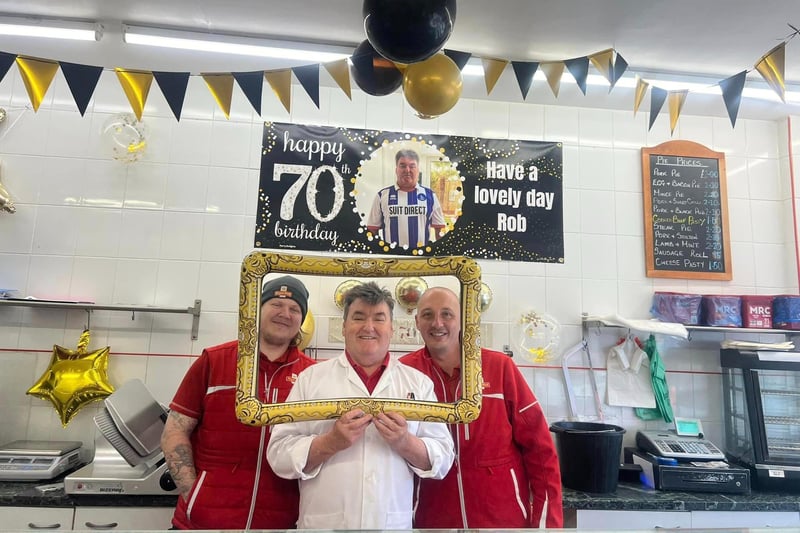 Customers, friends and family - including the post men - come to Robert Moore's Butchers to say happy 70th birthday to Robert Moore.