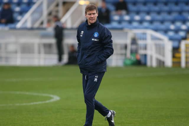 Hartlepool United Coach Anthony Sweeney would not be drawn on Mohamad Sylla's off-field situation. (Credit: Michael Driver | MI News)