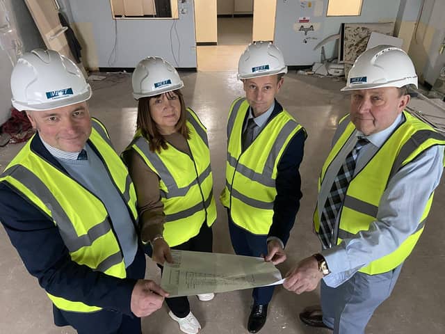 (Left to right) Darren Hankey (Principal & Chief Executive Hartlepool College of Further Education) Denise McGukin (Hartlepool Borough Council) Neil Atkinson (Managing Director for North Tees and Hartlepool NHS Foundation Trust) and Cllr Bob Buchan look over the plans for the health academy at The University Hospital of Hartlepool. Picture by FRANK REID