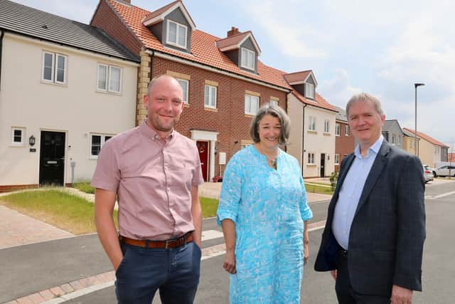 From Left, Steve Riding, development contracts manager at Karbon Homes, Jill Mortimer and Paul Fiddaman, the chief executive  of Karbon Homes.