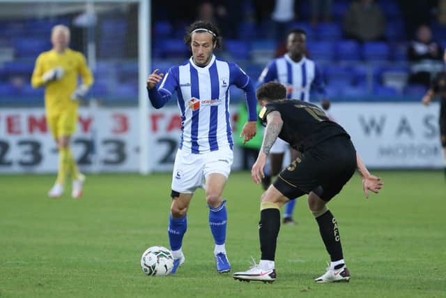 Jamie Sterry of Hartlepool United in action during the Carabao Cup match between Hartlepool United and Crewe Alexandra at Victoria Park, Hartlepool on Tuesday 10th August 2021. (Credit: Will Matthews | MI News)