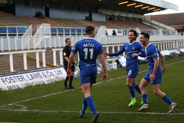 Rhys Oates of Hartlepool United celebrates with team mates. (Credit: Chris Booth | MI News)