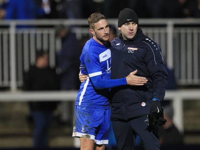 Hartlepool United manager Dave Challinor and Gary Liddle embrace at the end of the Vanarama National League match between Hartlepool United and Stockport County at Victoria Park, Hartlepool on Saturday 25th January 2020. (Credit: Mark Fletcher | MI News)