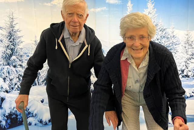 Residents Dennis Easy, 88, and Anne MacDonald, 89, having a go at Nordic Walking.