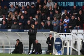 Hartlepool United caretaker manager Tony Sweeney  during the Sky Bet League 2 match between Hartlepool United and Forest Green Rovers at Victoria Park, Hartlepool on Saturday 20th November 2021. (Credit: Mark Fletcher | MI News)