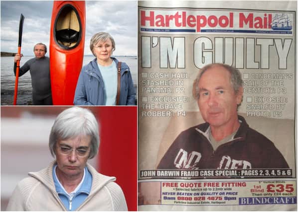 Clockwise from top left, Eddie Marsan and Monica Dolan as John and Anne Darwin in the new ITV drama, the Hartlepool Mail in 2008 after John pleaded guilty and a picture of Anne outside court.