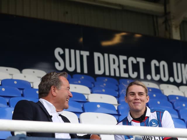 Sky Sports presenter Jeff Stelling and Hartlepool born boxer Savannah Marshal in conversation ahead of the Sky Bet League 2 match between Hartlepool United and Tranmere Rovers. (Credit: Mark Fletcher | MI News)