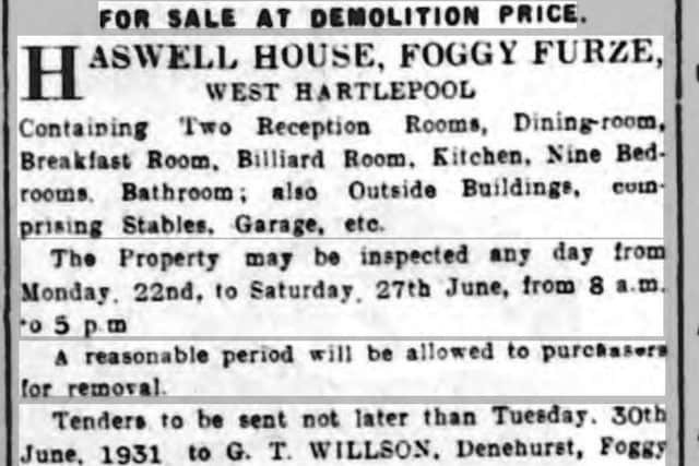 An advert in the Hartlepool Mail for the sale of Haswell House.