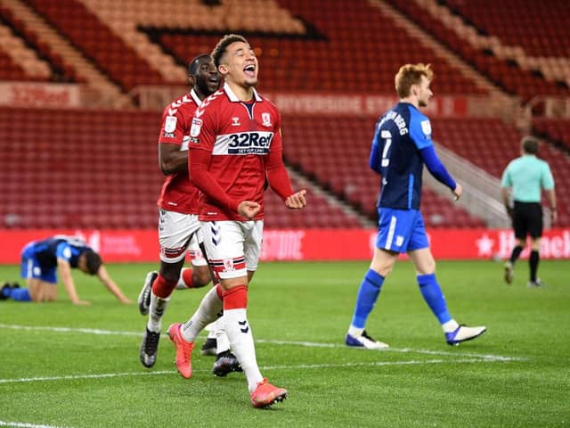 Marcus Tavernier of Middlesbrough celebrates after scoring his side's second goal against Preston.
