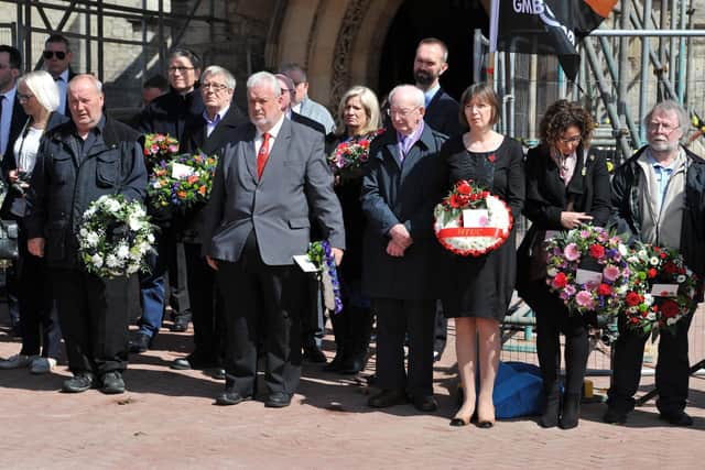 Wreaths are laid at last year's Workers Memorial Day service in Hartlepool.