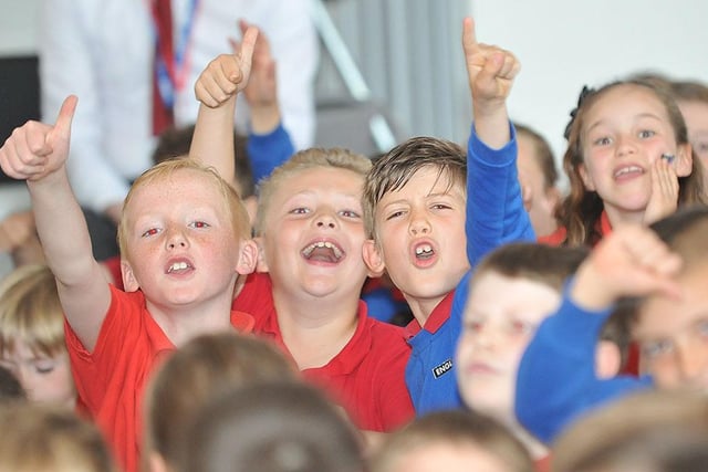 Pupils at Throston Primary School support England during their game against Wales during the 2016 European Championships.