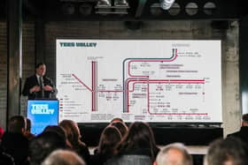 Tees Valley Mayor Ben Houchen in front of a proposed new rail map including a direct link between Hartlepool and Darlington.