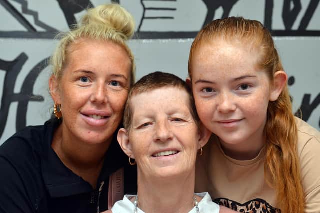 Cancer survivor Sandra Wood (centre) at West View Lodge with her daughter Vikki Wood and granddaughter Deacie Lyth, aged 10.