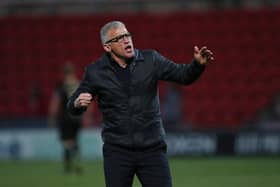 Hartlepool United manager Keith Curle celebrates their win at the end of the League Two match with Doncaster Rovers. (Credit: Mark Fletcher | MI News )