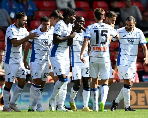 BOURNEMOUTH, ENGLAND - JULY 29: Emmanuel Latte Lath of Atalanta BC (C) celebrates with teammates after scoring the team's third goal during the pre-season friendly match between AFC Bournemouth and Atalanta at Vitality Stadium on July 29, 2023 in Bournemouth, England. (Photo by Mike Hewitt/Getty Images)