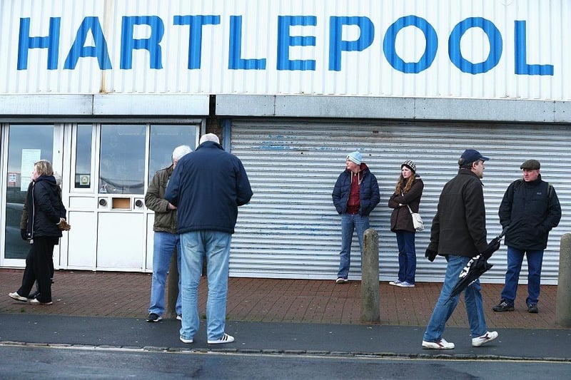 Fans gather outside the stadium prior to the Emirates FA Cup third round match between Hartlepool United and Derby County at Victoria Park.