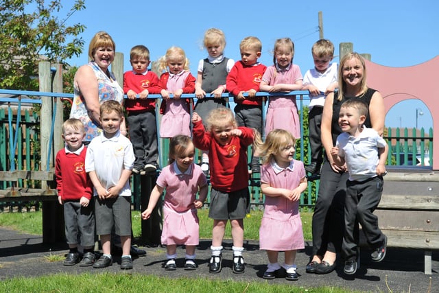Youngsters at Seaham Harbour Nursery School celebrate their fifth "outstanding" Ofsted grade in 2019. With them are headteacher Carole Scott and deputy head Sue Wilson.
