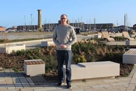 Hartlepool Council Leader Cllr Shane Moore on The Waterfront site. Phase one of the redevelopment of a linear park was runner up in the Pedestrian Environment category at the 2020 LocalGov Street Design Awards.