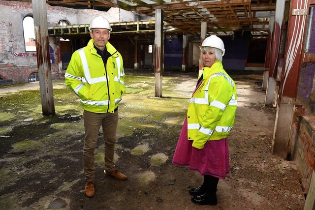 Paul Taylor, Strategic Development and Sustainability Manager with Dr Maxine Craig Hartlepool Town Deal Board inside the Wesley Chapel prior to work starting in March 2023 to convert it into a 36-bed boutique hotel.