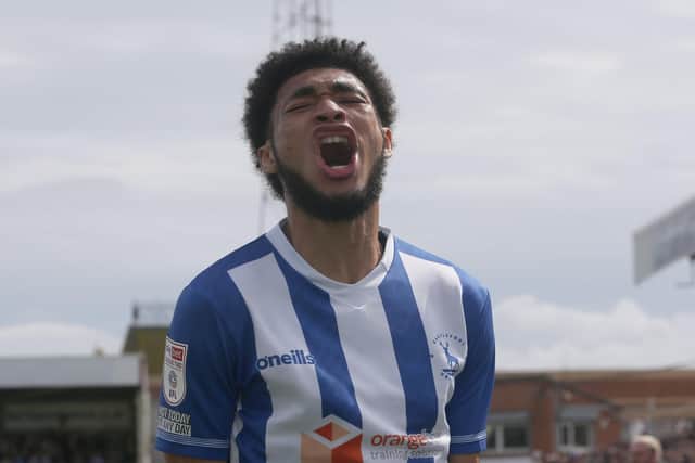 Hartlepool United's Tyler Burey celebrates after scoring their first goal   during the Sky Bet League 2 match between Hartlepool United and Walsall at Victoria Park, Hartlepool on Saturday 21st August 2021. (Credit: Mark Fletcher | MI News)