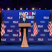 Joe Biden and Kamala Harris address the nation at the Chase Center in Wilmington, Delaware on November 6. Picture: Drew Angerer/Getty Images.