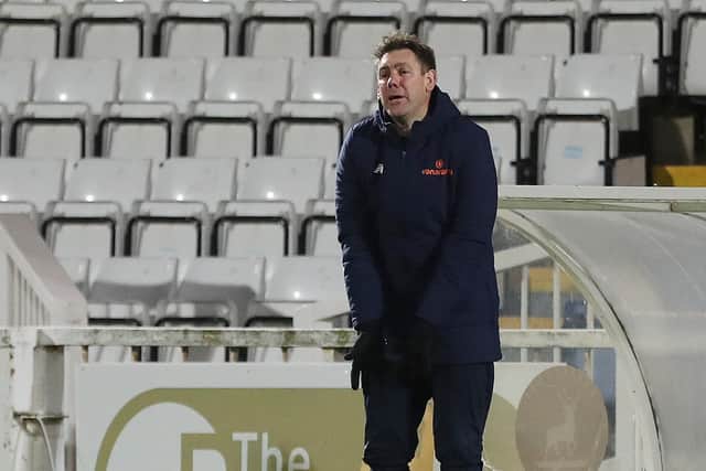 Hartlepool manager, Dave Challinor during the Vanarama National League match between Hartlepool United and Torquay United at Victoria Park, Hartlepool on Saturday 31st October 2020. (Credit: Mark Fletcher | MI News)