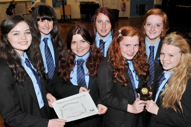 Pupils (rear left to right) Amy Hill, Nataleigh Parry and Alice Gilhesphy-Swan and (front left to right) Amy Napper, Emma Eglintine, Hollie Boynton-Briggs and Naimh Owen scoop an award at the Hartlepool Music and Arts Festival in 2012.