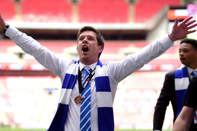 Darrell Clarke celebrating Bristol Rovers' victory following the Vanarama Conference Playoff Final match between Grimsby Town and Bristol Rovers at Wembley Stadium on May 17, 2015 in London, England.  (Photo by Jamie McDonald/Getty Images)