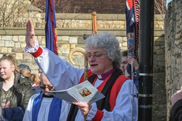 Rt Rev Sarah Clark, Bishop of Jarrow speaking outside St Hilda's Church at the launch of the Way of St Hild.