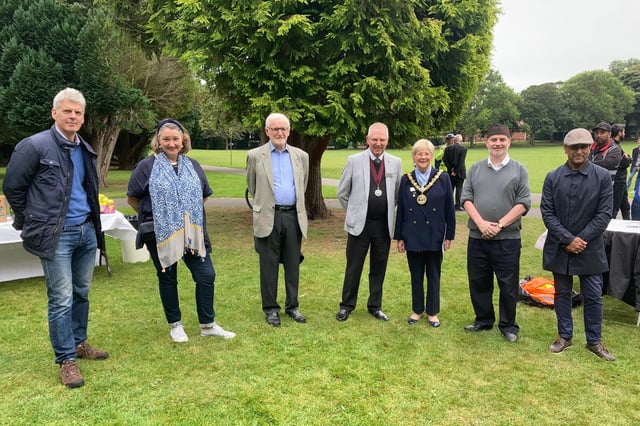 Organisers and supporters of the Walk of Peace in Ward Jackson Park. Left to right: William Mortimer, Jill Mortimer MP, Bilal Atkinson President of the Ahmadiyya Muslim Community, Hartlepool, Cllrs Dennis and Brenda Loynes, Tahir Selby and Waqas Anwar Regional Co-ordinator for Ahmadiyya Muslim Elders Association.