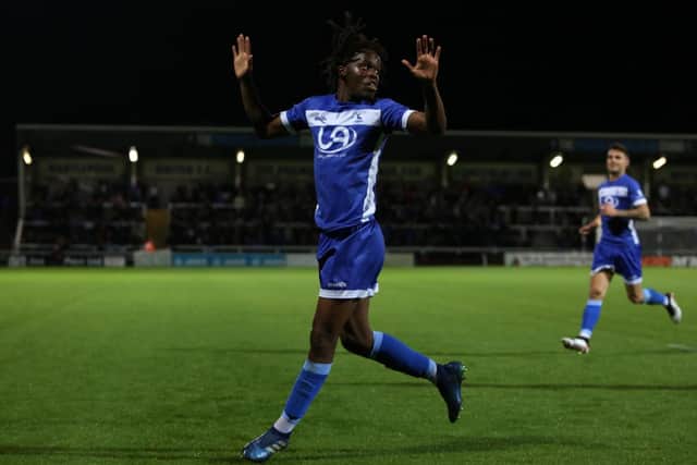 Peter Kioso - who signed for Luton Town in January - pictured in September last year as he celebrated Hartlepool's first goal against Chesterfield.