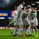 Leeds United players celebrate after scoring against Middlesbrough.