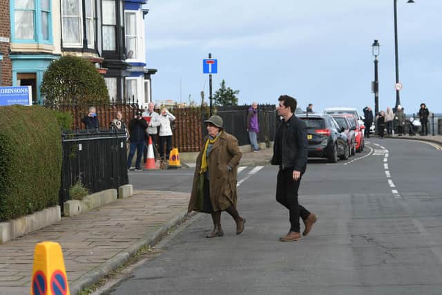 Brenda Blethyn as DCI Vera Stanhope and Kenny Doughty who plays DS Aiden Healy filming at  Albion Terrace, on the Headland.