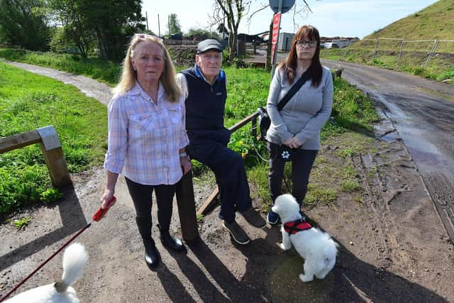 Left to right, Maureen Wells, Cyril Worrall and Diane Kell at the entrance to Hesleden Quarry. Picture by FRANK REID
