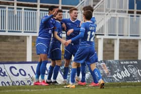 Hartlepool United's Gavan Holohan celebrates with Mason Bloomfield and Mark Shelton after scoring their second goal    during the Vanarama National League match between Hartlepool United and Yeovil Town at Victoria Park, Hartlepool on Saturday 20th February 2021. (Credit: Mark Fletcher | MI News)
