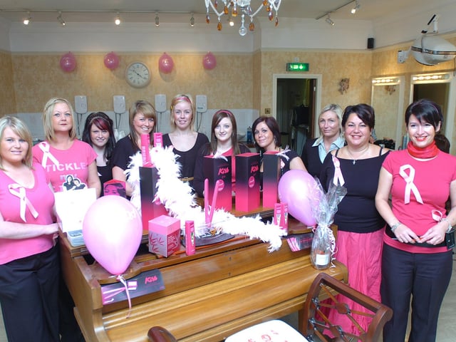 Shapes salon staff holding a breast cancer fundraiser in 2008. Pictures was Abby Ringwood, Louise Hall, Katie Wilson, Holly Lithgo, Joanne Rennie, Nicola Kelly, Kelly Thompson, Clare Birbeck, Sharon Baggs and Alison Hay.