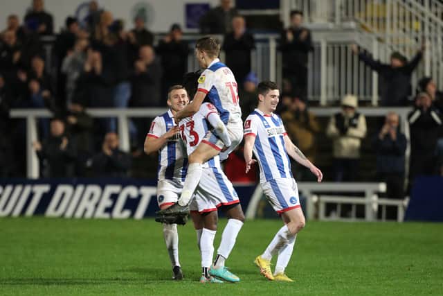 Joe Grey scored the winning penalty for Hartlepool United against Solihull Moors in the FA Cup. (Credit: Mark Fletcher | MI News)
