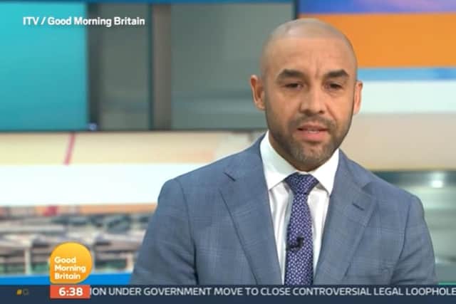 Alex Beresford during a Good Morning Britain discussion about the Duchess of Sussex with his colleague, Piers Morgan. Picture by ITV