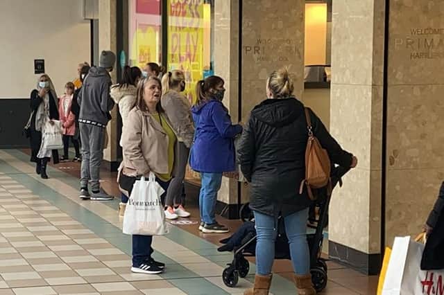 Queues outside Primark, in Middleton Grange Shopping Centre, in Hartlepool, on the day "non-essential" shops reopened.