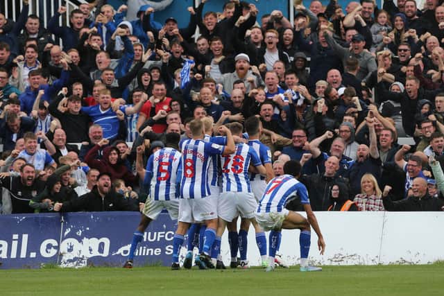 Hartlepool United's player celebrate after Gavan Holohan scored their winning goal during the Sky Bet League 2 match between Hartlepool United and Crawley Town at Victoria Park, Hartlepool on Saturday 7th August 2021. (Credit: Mark Fletcher | MI News)