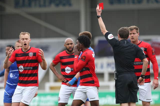 Maidenhead United's Ryheem Sheckleford is shown a straight red card during the Vanarama National League match between Hartlepool United and Maidenhead United at Victoria Park, Hartlepool on Saturday 8th May 2021. (Credit: Mark Fletcher | MI News)