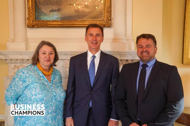 Hartlepool MP Jill Mortimer at 10 Downing Street with Chancellor Jeremy Hunt and Orangebox Training Solutions CEO Simon Corbett.