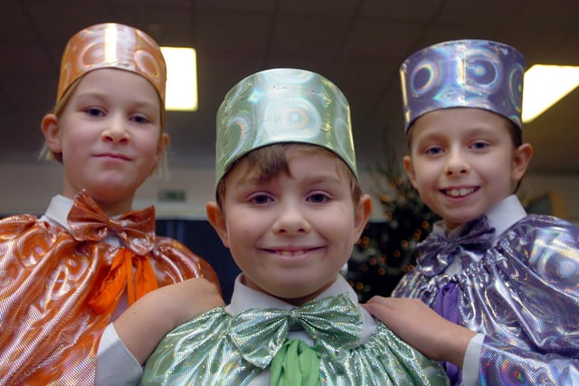 Harriet Fenny, Calum Pearson and Lauren Howells play the three kings in the school's nativity play.