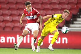 Middlesbrough's Marcus Tavernier challenges for the ball against Barnsley.