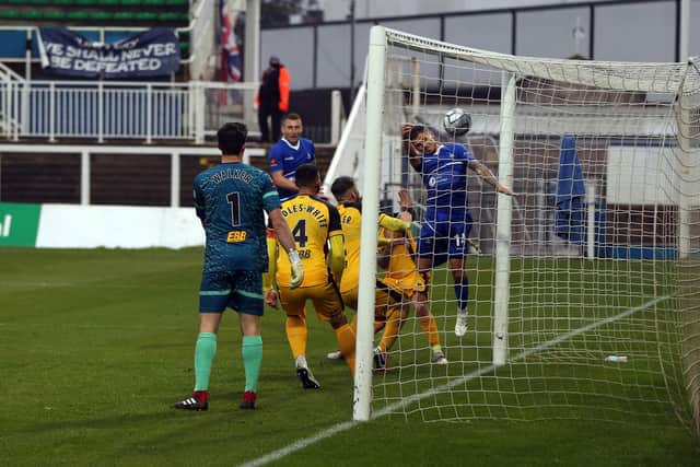Gavan Holohan of Hartlepool United puts his team 2-1 up during the Vanarama National League match between Hartlepool United and Aldershot Town at Victoria Park, Hartlepool on Saturday 3rd October 2020. (Credit: Christopher Booth | MI News)
©MI NewsL