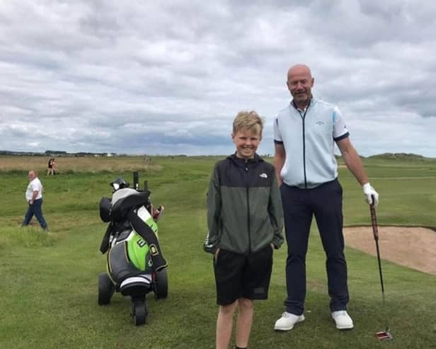 Alan Shearer pictured during the Pro-AM tournament with local lad Alfie Magill. Photo courtesy of Steve Dickson.